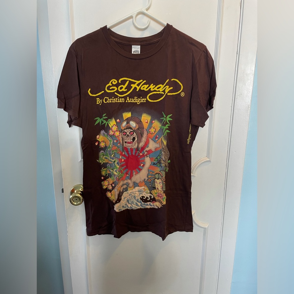 Mens size medium Ed Hardy Christian Audigier brown tshirt tee shirt kamikaze